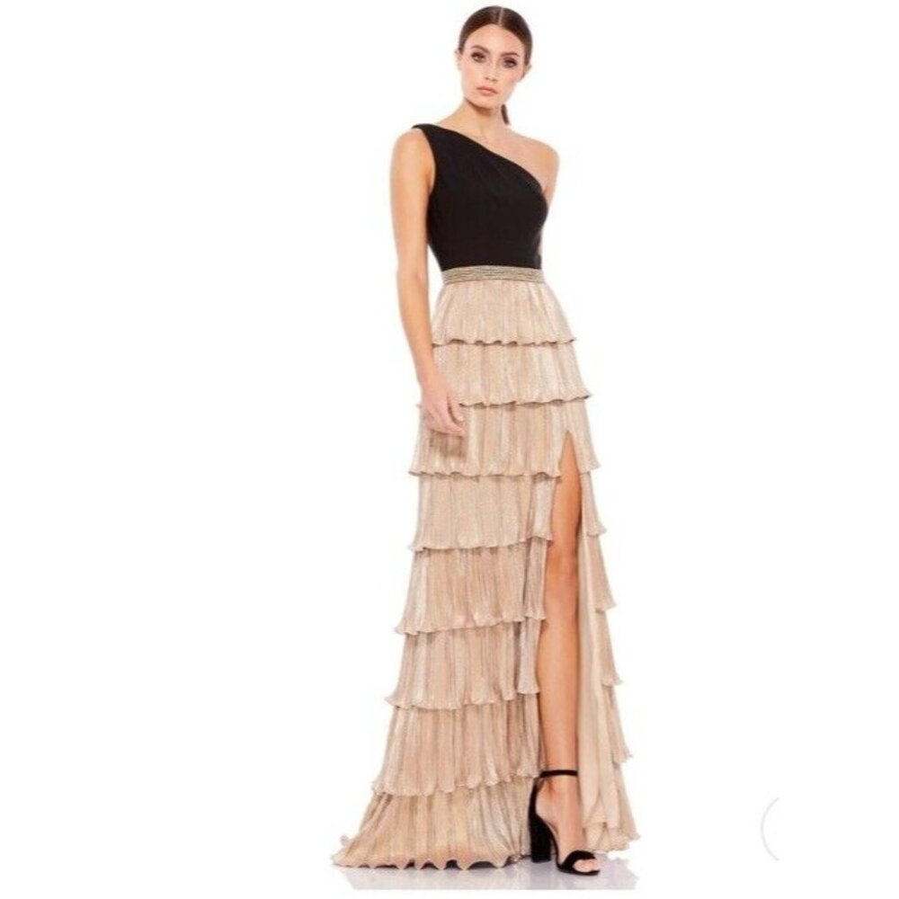 Mac Duggal Black & Gold One-Shoulder Ruffled Prom Gown